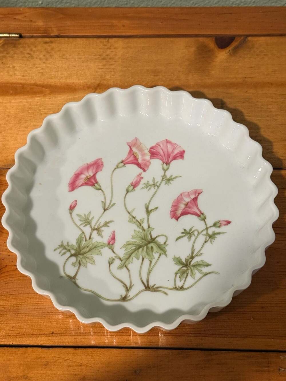 Pillivuyt France Porcelain Pink Morning Glory Floral Fluted Tart Quiche Pie Dish